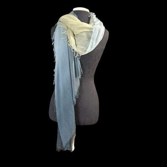 Scarf Ombré Blue Green Long Warm Soft Cotton Raw Edge - Picture 1 of 7